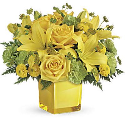 You can't help but smile at these bright, beautiful blooms! Like a ray of sunshine, this golden mix of roses and lilies, presented a glass cube, will put anyone in a marvelous mood.
This bright bouquet includes yellow roses, yellow asiatic lilies, green carnations, yellow button spray chrysanthemums, bupleurum and leatherleaf fern.