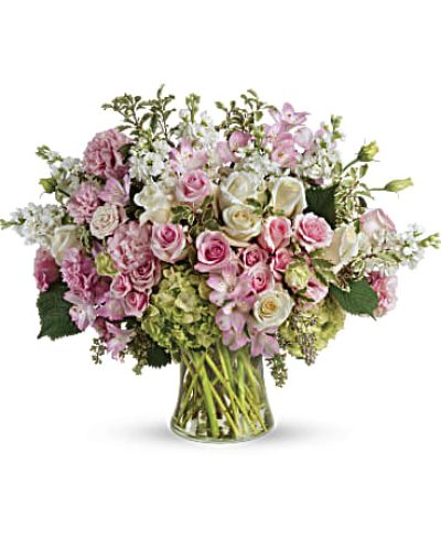 <div id="mark-3" class="m-pdp-tabs-marketing-description">A truly bountiful bouquet that captures the beauty of your love, this grand display of pink and white roses is sure to make their heart soar!</div>
<p> </p>
<div id="desc-3">
<ul>
<li>This breathtaking bouquet features green hydrangea, pink roses, white roses, pink spray roses, light pink alstroemeria, pink lisianthus, white stock, pitta negra, and seeded eucalyptus.</li>
</ul>
</div>
