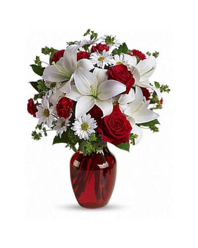 <div class="m-pdp-tabs-description">
<div id="mark-1" class="m-pdp-tabs-marketing-description">
<p>&nbsp;</p>
<hr />
<p>The spirit of love and romance is beautifully captured in this enchanting bouquet. It's the perfect gift for anyone you love.
</p></div>
</div>
<p>Red roses and carnations are exquisitely arranged with white asiatic lilies and chrysanthemums in a ruby red glass vase. It's lovely.</p>