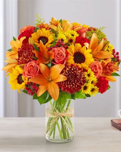 <p>The passing of a loved one presents a moment for expressing your sincere sentiments. To help with this, our florists have crafted this elegant autumn arrangement. Filled with colorful blooms, it’s a thoughtful way to celebrate someone’s life, while providing peace to those who are grieving.</p>